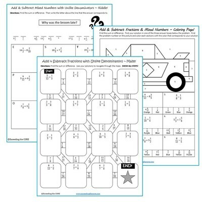 ADD &amp; SUBTRACT FRACTIONS with UNLIKE DENOMINATORS Maze, Riddle, Color by Number
