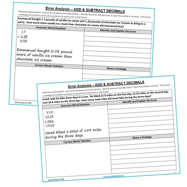 ADD AND SUBTRACT DECIMALS Error Analysis - Find the Error