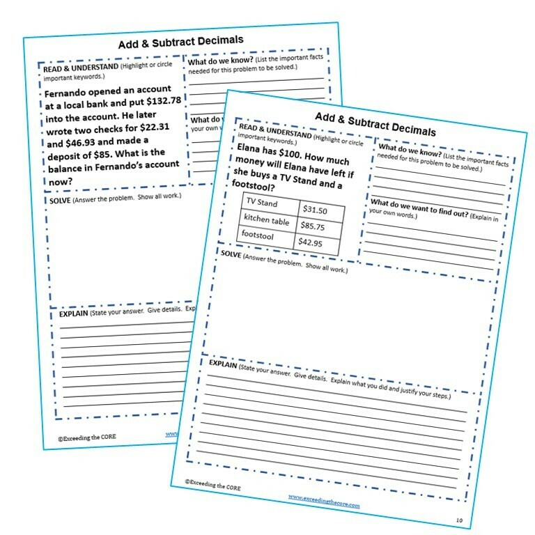 ADD AND SUBTRACT DECIMALS Word Problems with Graphic Organizers