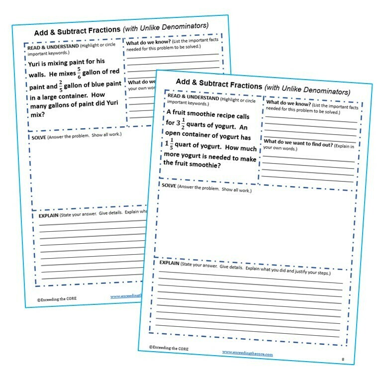 ADD &amp; SUBTRACT FRACTIONS Word Problems with Graphic Organizers