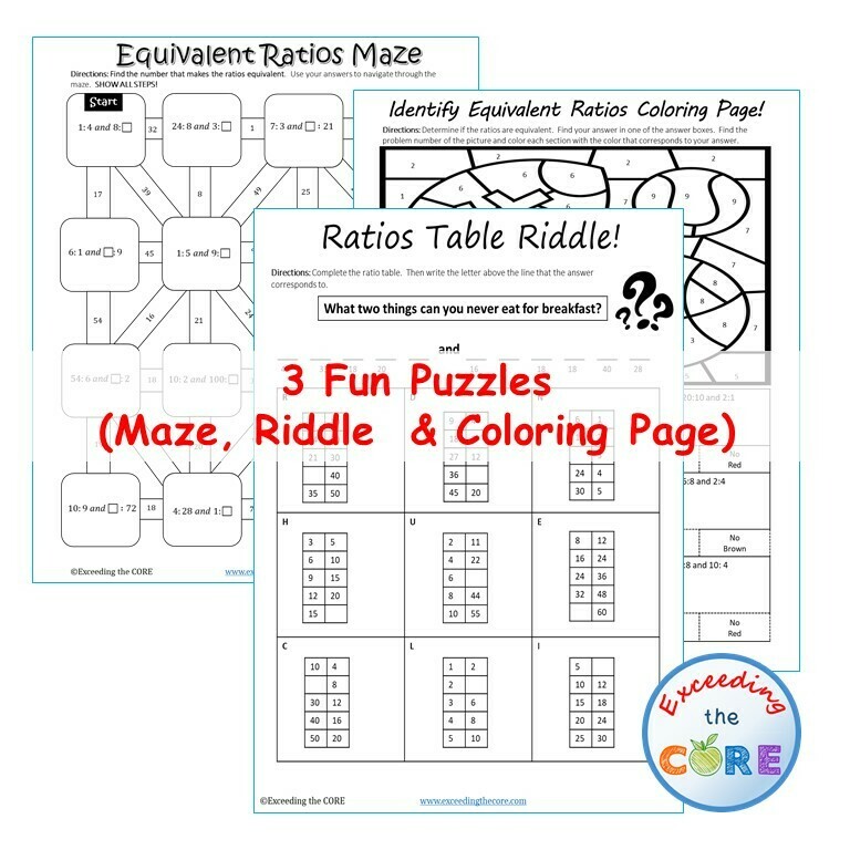 EQUIVALENT RATIOS AND RATIO TABLE Maze, Riddle, Coloring Page Math Activities