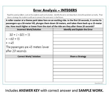 INTEGERS Word Problem - Error Analysis (Find the Error)