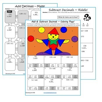 ADD AND SUBTRACT DECIMALS Maze, Riddle, Color by Number (Fun MATH Activities)
