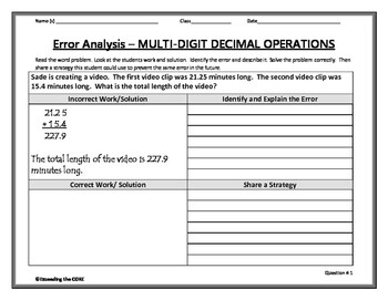 DECIMALS Word Problem - Error Analysis (Find the Error)