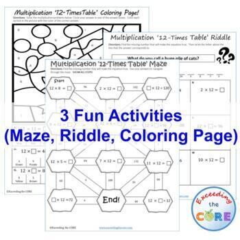 12 TIMES-TABLE MULTIPLICATION FACTS Maze, Riddle, Color by Number