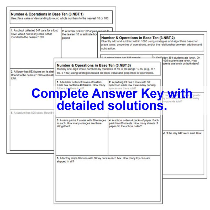 3rd Grade Number &amp; Operations Base Ten Standards-Based Assessments | 3.NBT.1-3