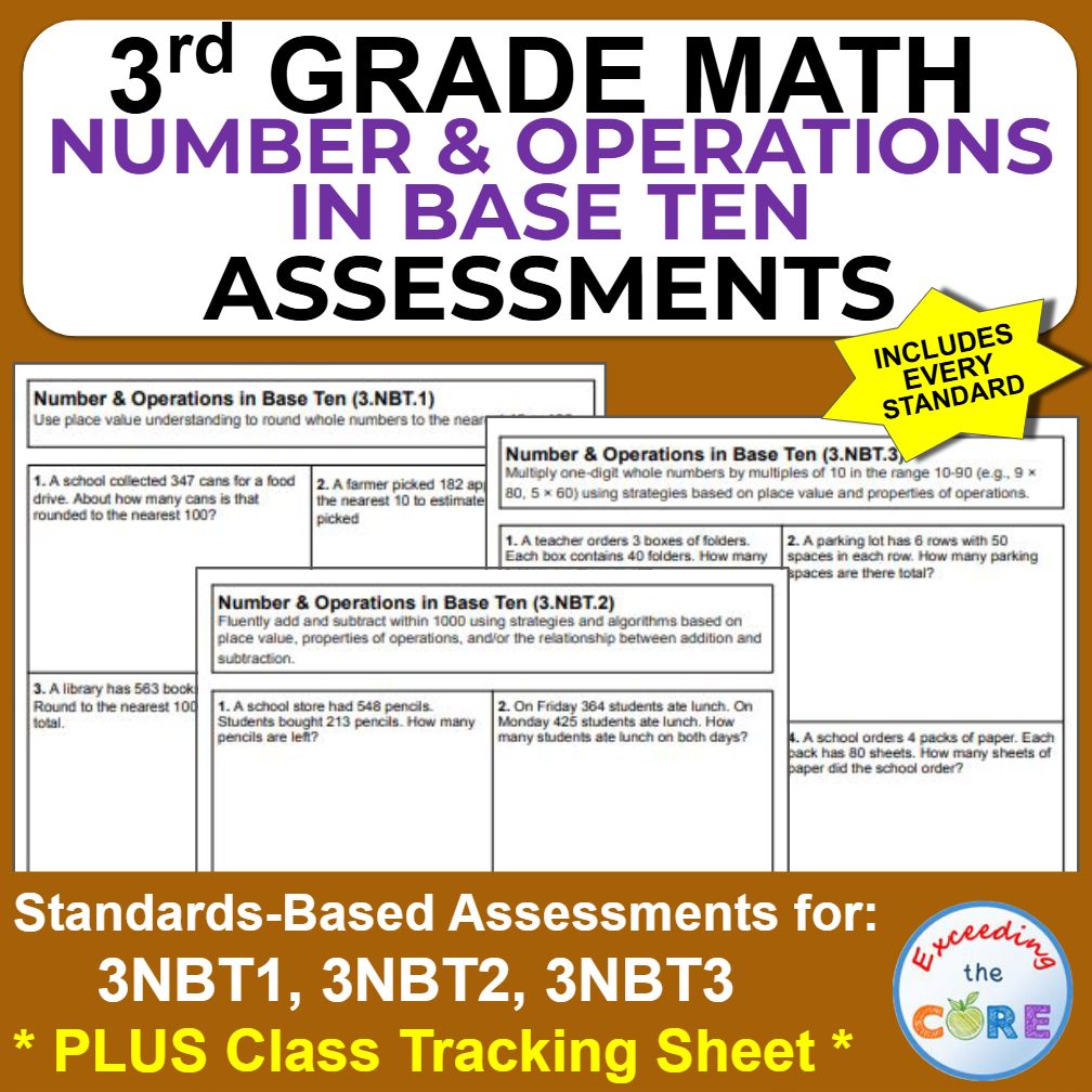 3rd Grade Number &amp; Operations Base Ten Standards-Based Assessments | 3.NBT.1-3