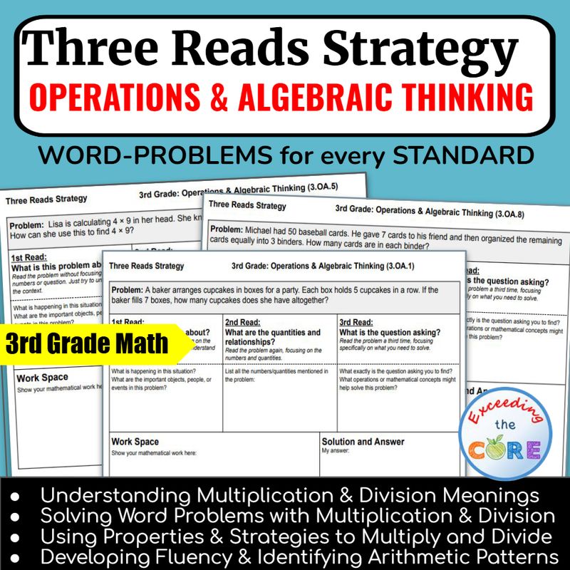 Three Reads Strategy - Grade 3: OPERATIONS &amp; ALGEBRAIC THINKING Problems 3.OA
