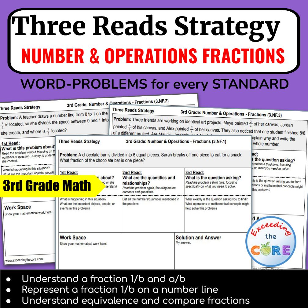 Three Reads Strategy - Grade 3: NUMBER &amp; OPERATIONS FRACTIONS Word Problems 3.NF