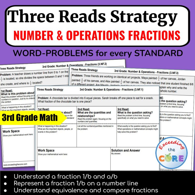 Three Reads Strategy - Grade 3: NUMBER &amp; OPERATIONS FRACTIONS Word Problems 3.NF
