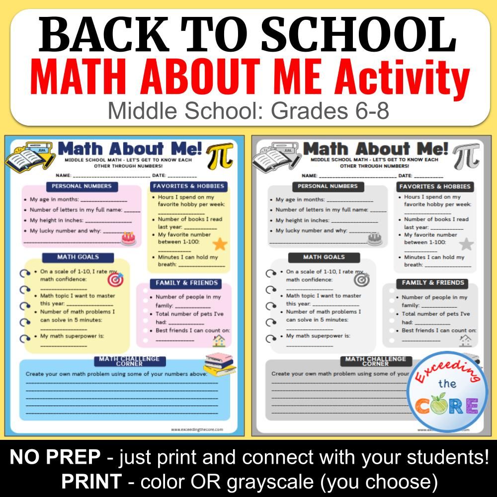 Math ALL About Me | Back to School Getting to Know You | Middle School Gr 6 - 8