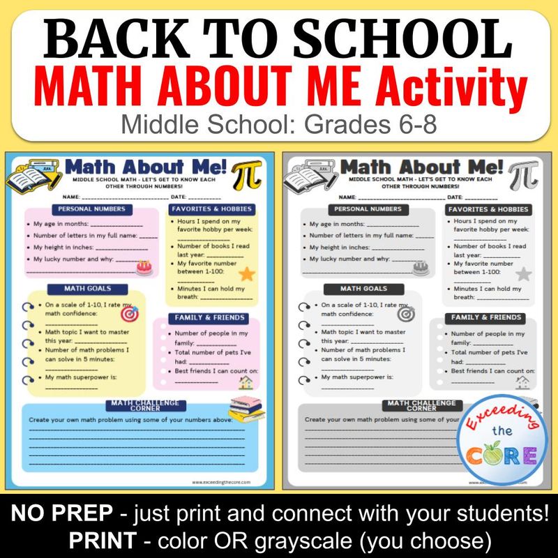 Math ALL About Me | Back to School Getting to Know You | Middle School Gr 6 - 8