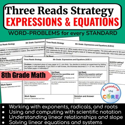 Three Reads Strategy - Grade 8: EXPRESSIONS AND EQUATIONS Word Problems (8EE)
