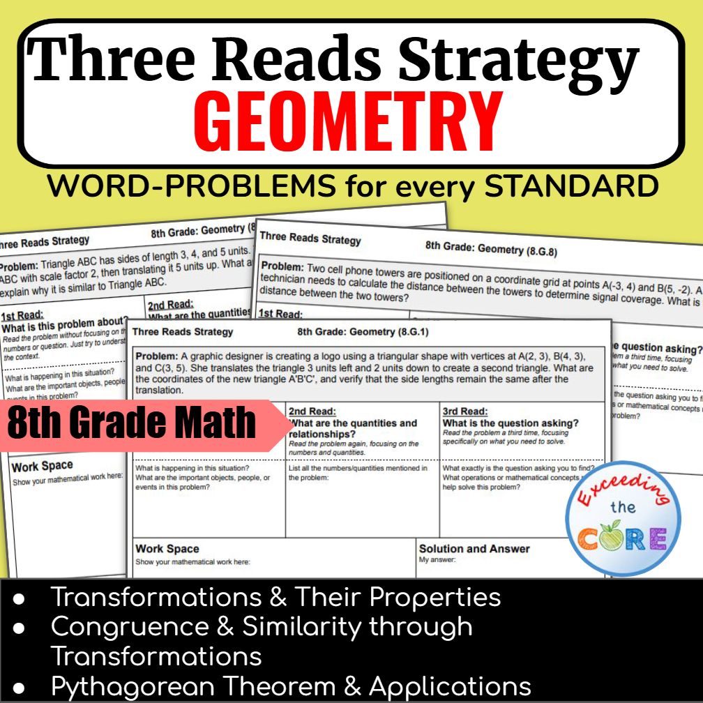 Three Reads Strategy - Grade 8: GEOMETRY Word Problems (8G)