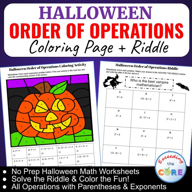 Halloween ORDER OF OPERATIONS | Math Riddle &amp; Coloring Page Bundle | Grades 6-8