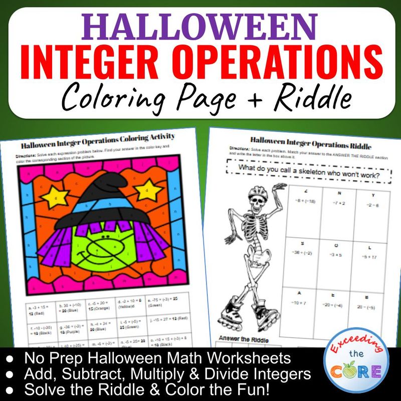 Halloween INTEGER OPERATIONS | Math Riddle &amp; Coloring Page Bundle