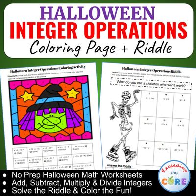 Halloween INTEGER OPERATIONS | Math Riddle &amp; Coloring Page Bundle