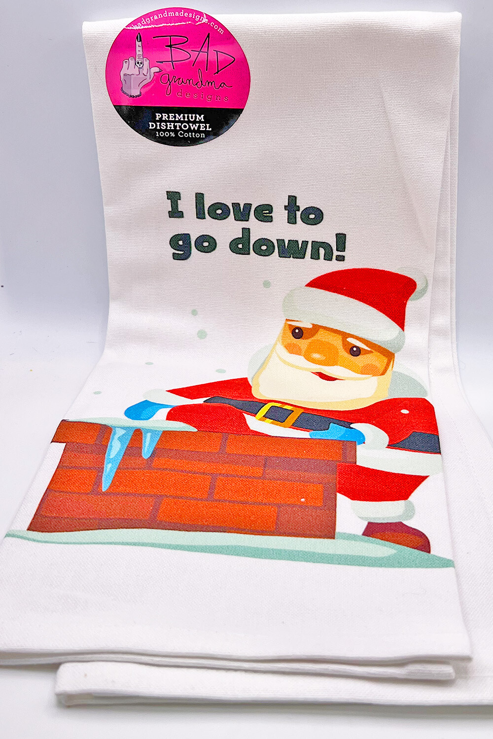 100% Cotton | Santa Clause 'I Love to Go Down' Dishtowel with Hang Loop
