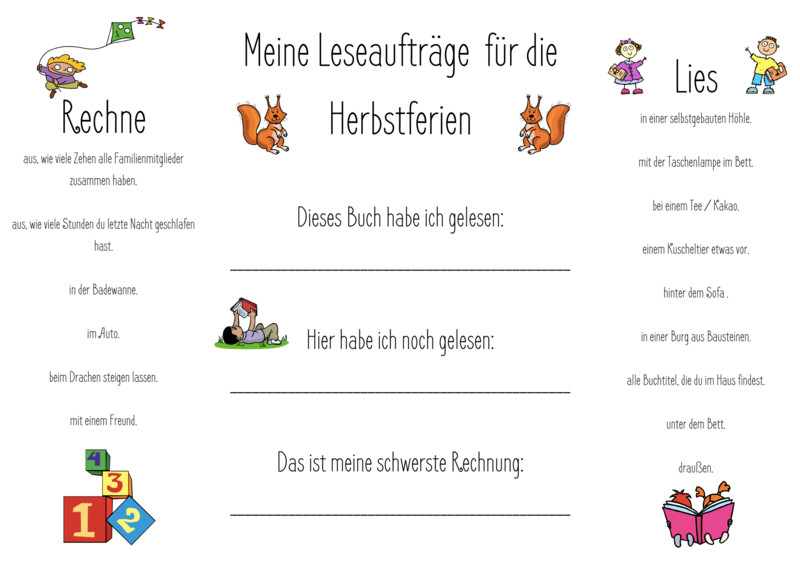 Kopfrechen- und Leseaufträge für die Ferien