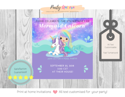 Print at home Galaxy Mermaid Unicorn Party Invitation * All Text Customisable