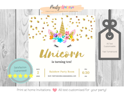 Print at home Glitter Unicorn Invitation * All Text Customisable