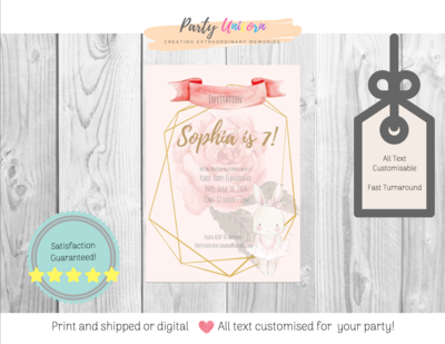 Ballerina Bunny Girl Birthday Party Invitation *All text Customisable