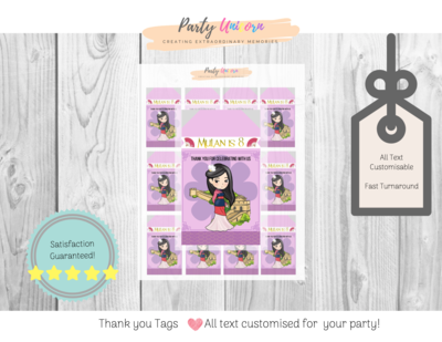Chinese Princess Warrior Birthday Party Thank you Tags