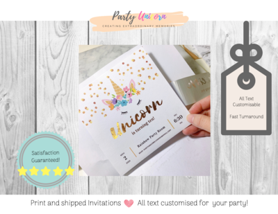 Glitter Unicorn Invitation * GOLD FOIL * All Text Customisable