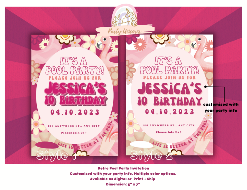 Retro Pool Party Invitation * All Text Customisable * Print and Shipped