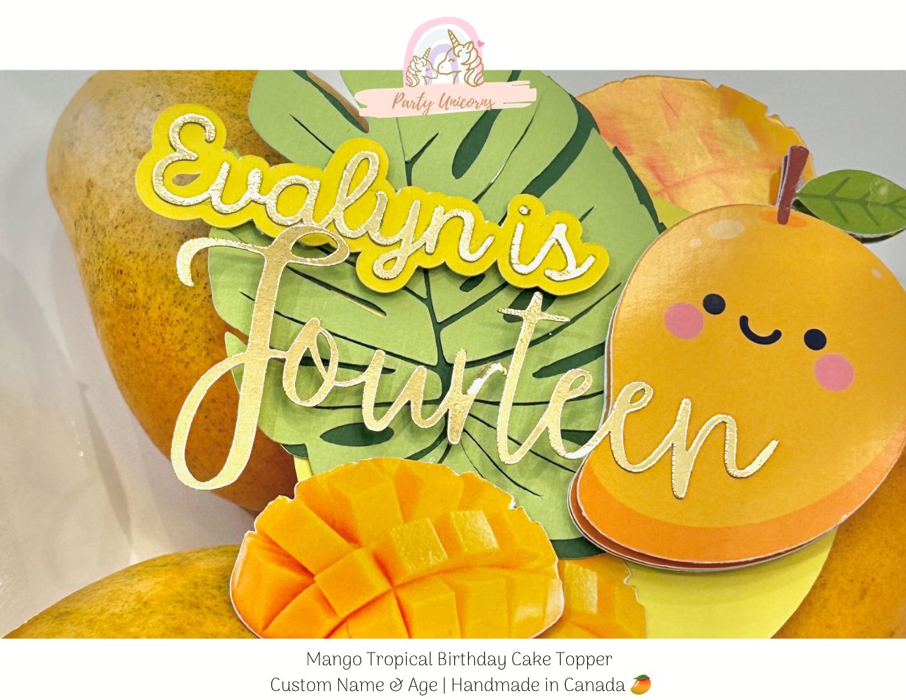 Mango Tropical Birthday Cake Topper – Custom Name &amp; Age | Handmade in Canada 🥭✨
