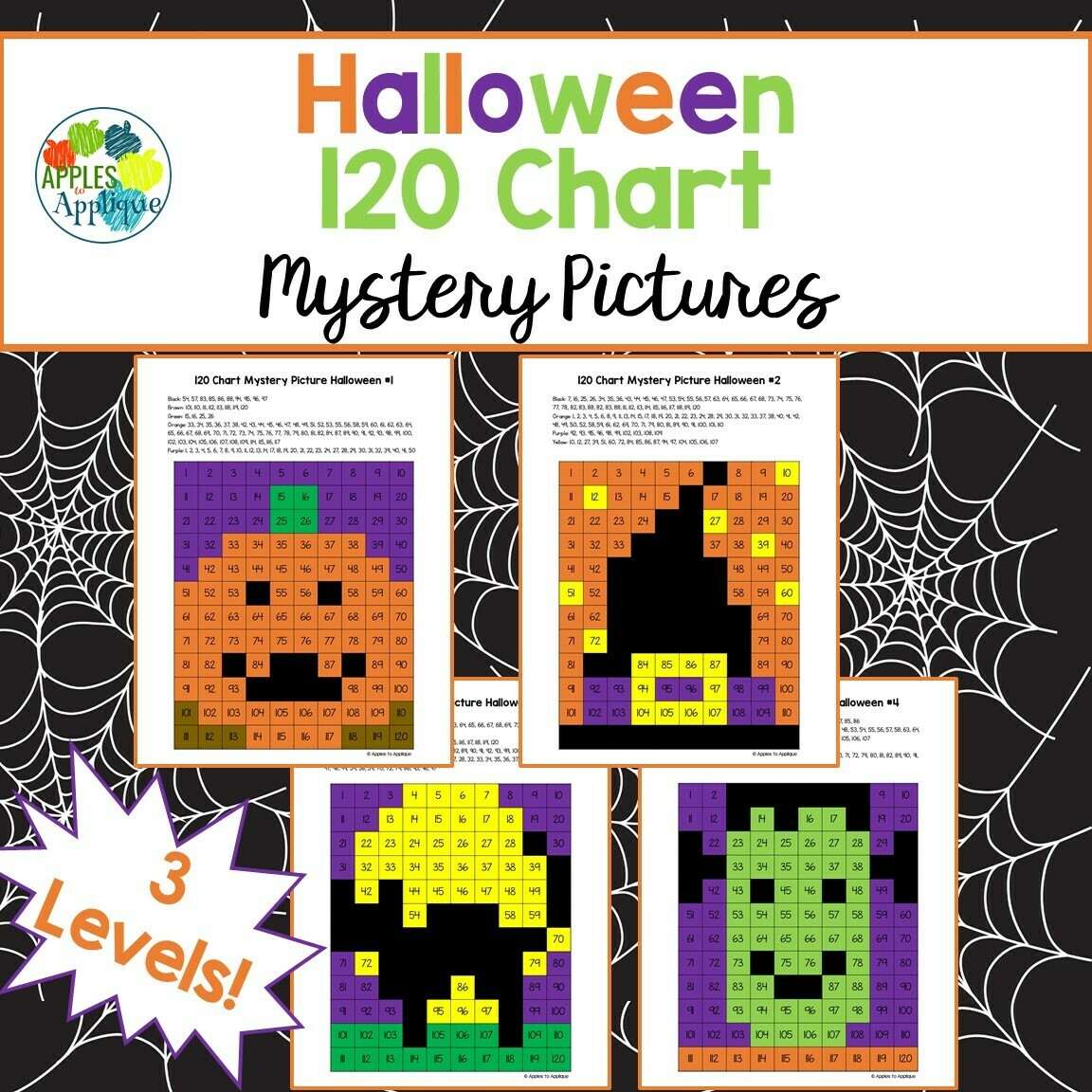 120 Chart Mystery Pictures - Halloween | 4 Designs with 3 Levels Each