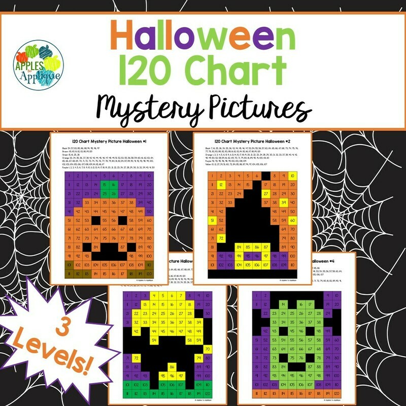 120 Chart Mystery Pictures - Halloween | 4 Designs with 3 Levels Each