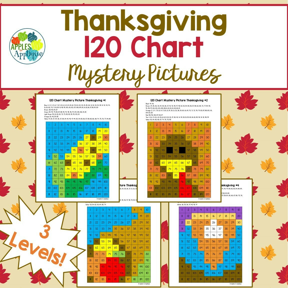 120 Chart Mystery Pictures - Thanksgiving | 4 Designs with 3 Levels Each