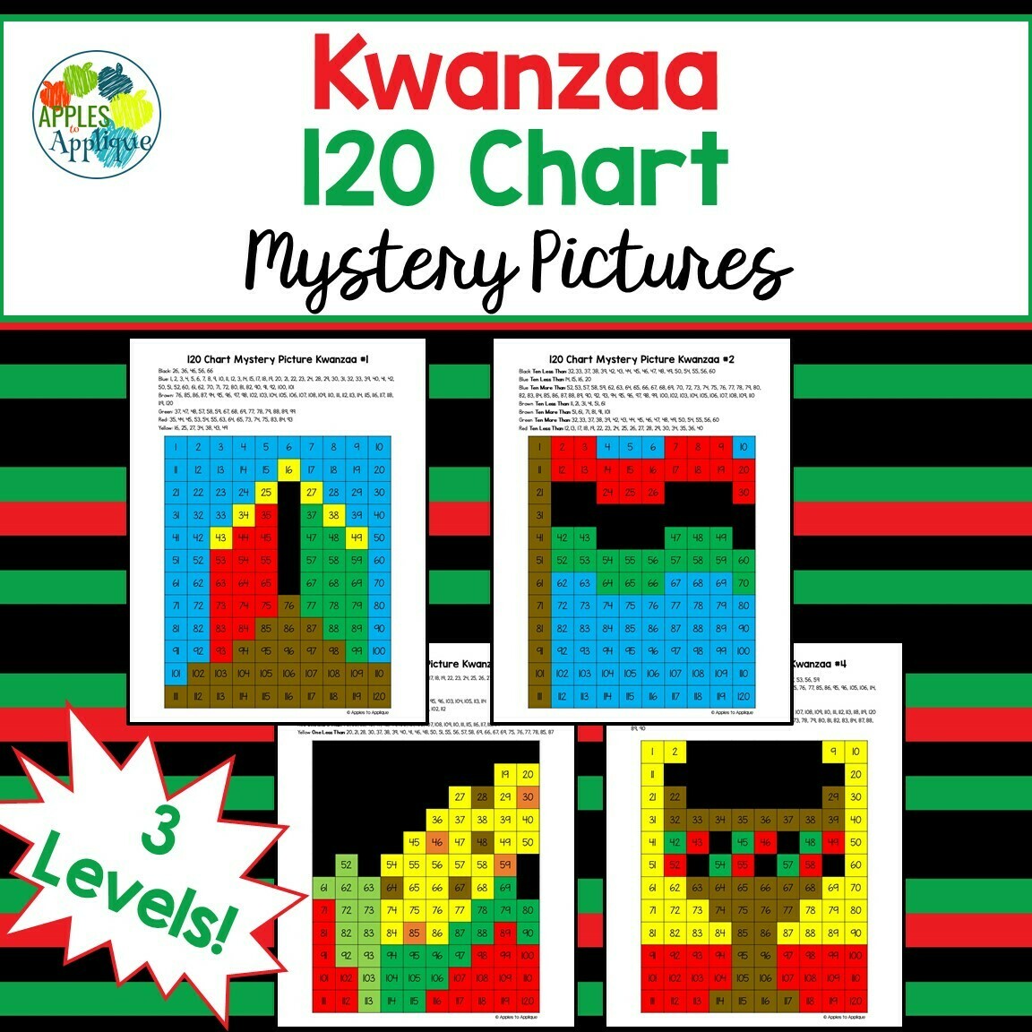 120 Chart Mystery Pictures - Kwanzaa | 4 Designs with 3 Levels Each