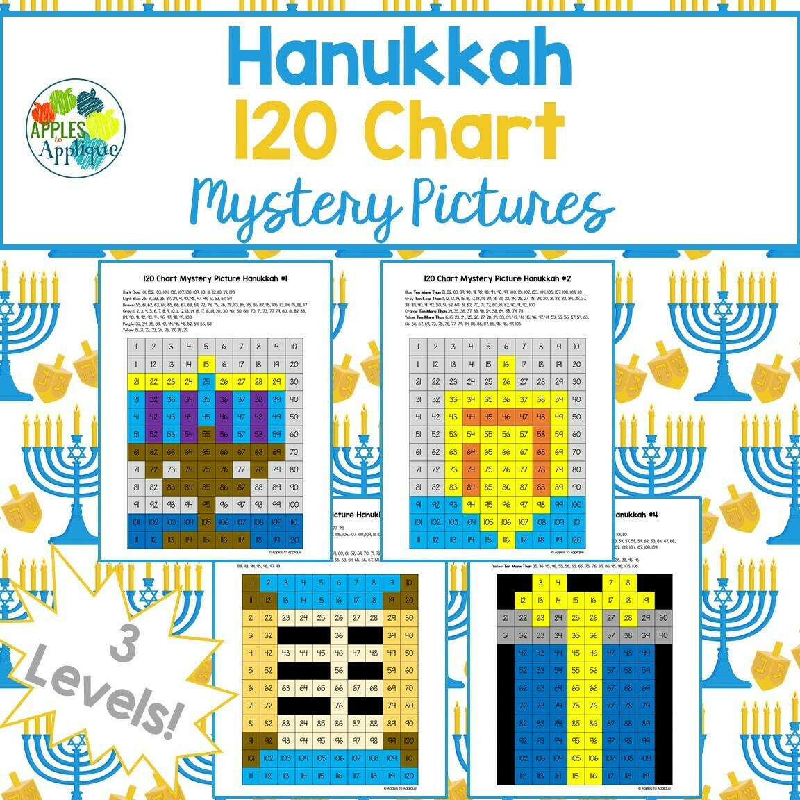 120 Chart Mystery Pictures - Hanukkah | 4 Designs with 3 Levels Each