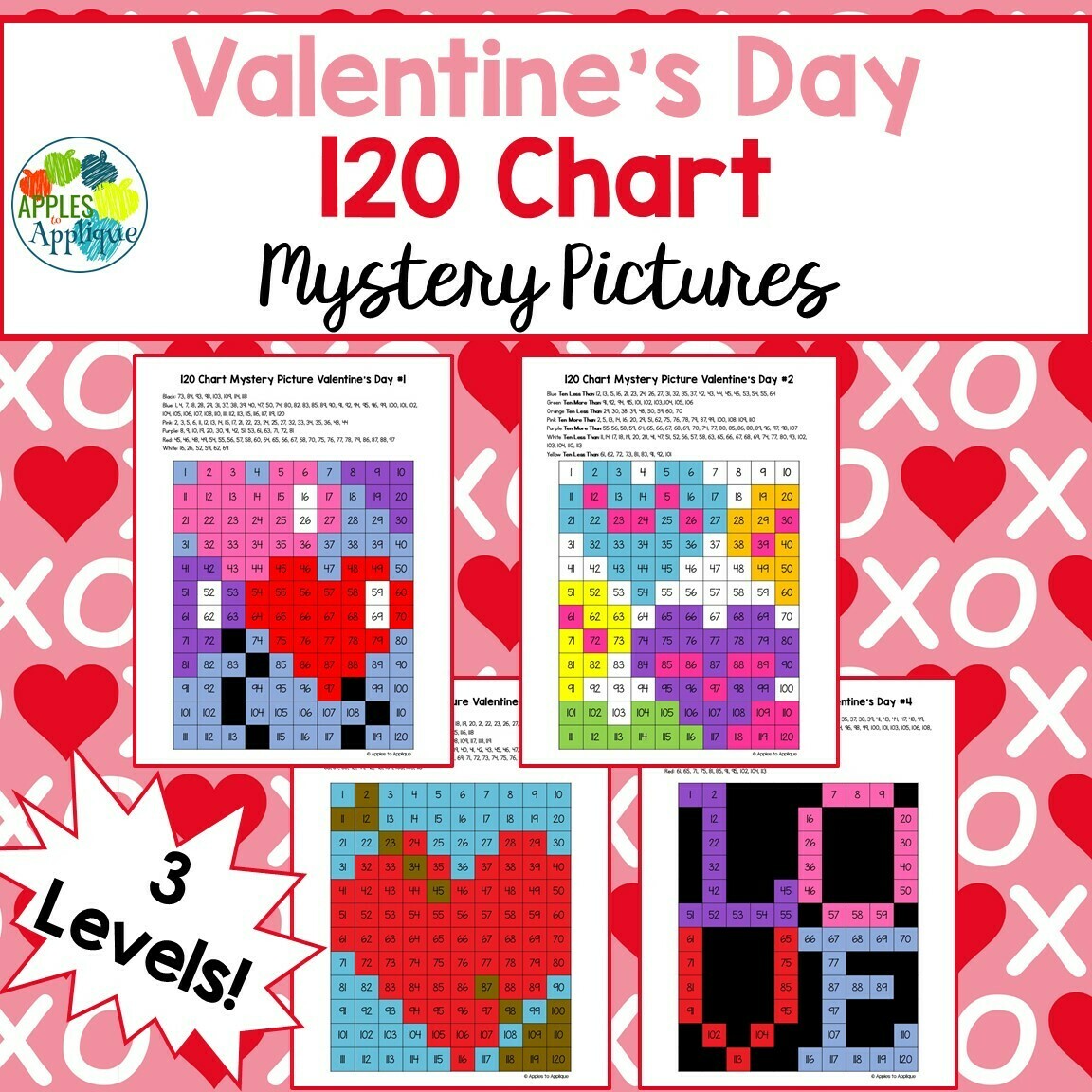 120 Chart Mystery Pictures - Valentine&#39;s Day | 4 Designs with 3 Levels Each