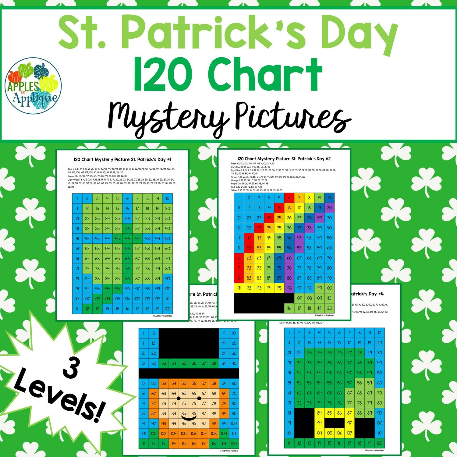 120 Chart Mystery Pictures - St. Patrick&#39;s Day | 4 Designs with 3 Levels Each