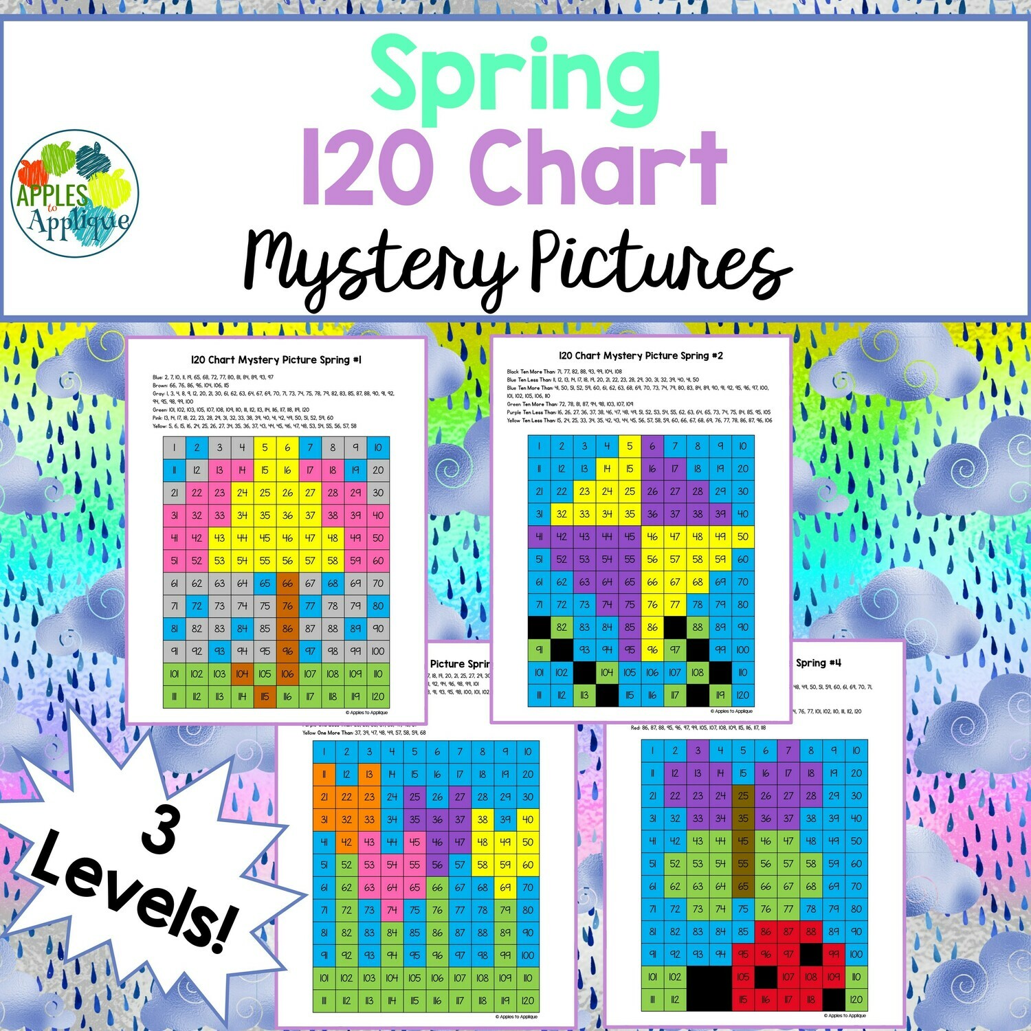 120 Chart Mystery Pictures - Spring | 4 Designs with 3 Levels Each
