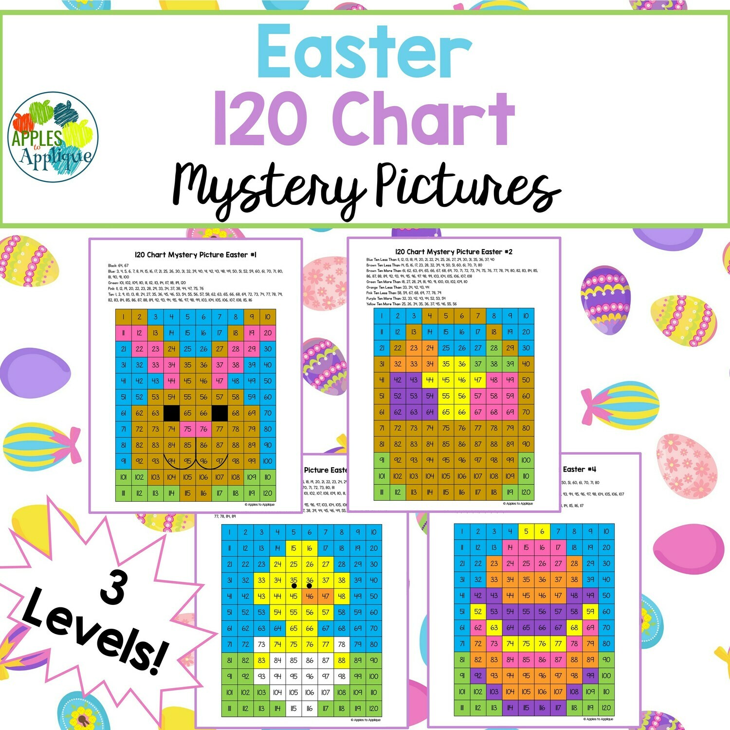 120 Chart Mystery Pictures - Easter | 4 Designs with 3 Levels Each