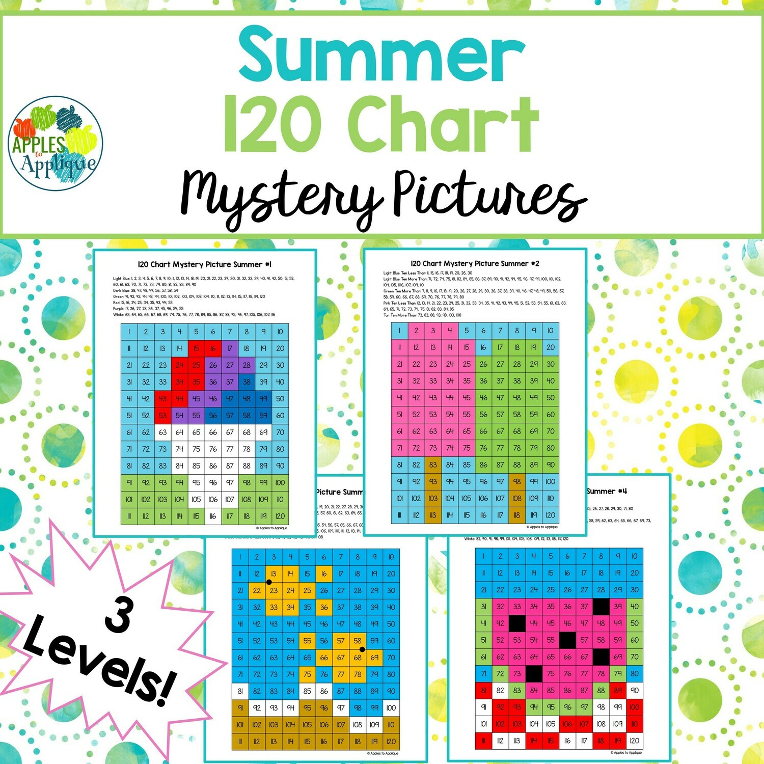 120 Chart Mystery Pictures - Summer | 4 Designs with 3 Levels Each