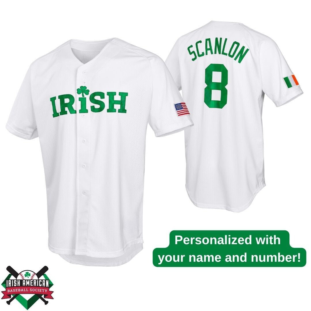 Irish Baseball Pro Button Down White Jersey with Ireland and USA Flag Patches