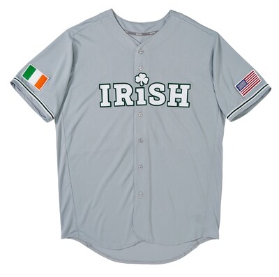 Irish Baseball Pro Button Down Gray Jersey with Ireland and USA Flag Patches