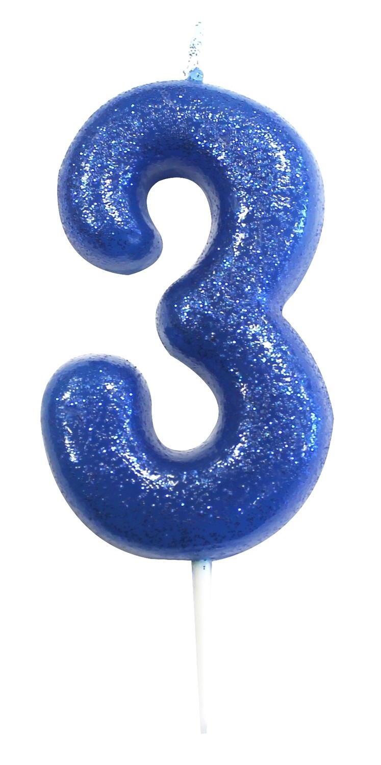 By AH -Candles -GLITTER BLUE &#39;3&#39; -Κεράκι Μπλε Γκλίτερ αριθμός &#39;3&#39;