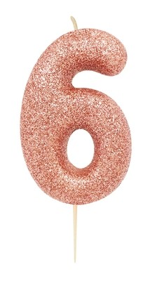 By AH -Candles -GLITTER ROSE GOLD &#39;6&#39; -Κεράκι Ροζ Χρυσό Γκλίτερ αριθμός &#39;6&#39;