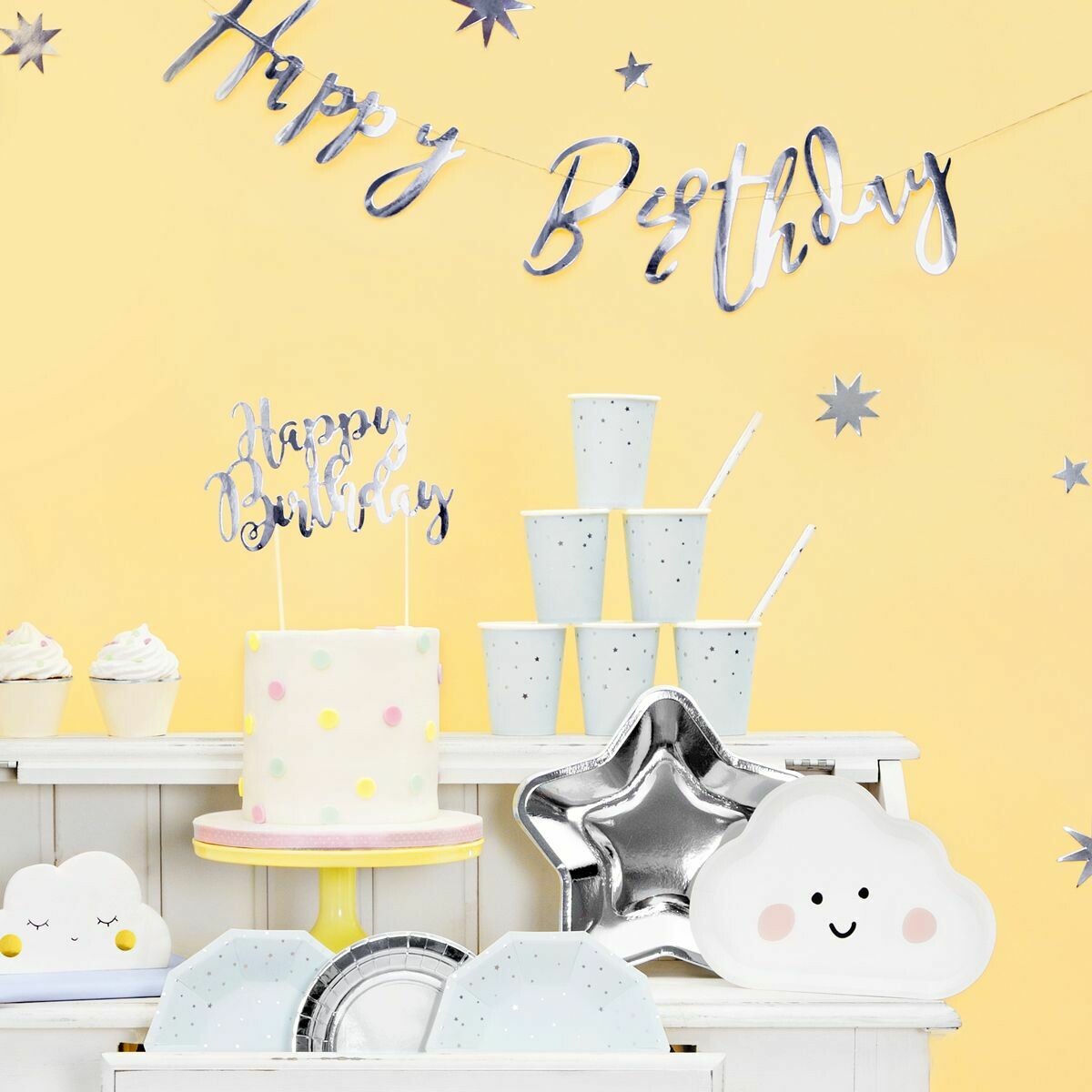 PartyDeco Cake Topper &#39;Happy Birthday&#39; - SILVER -Τόπερ Τούρτας Ασημί - &#39;Happy Birthday&#39;