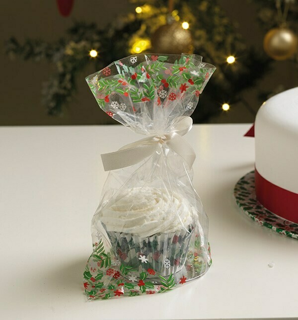Culpitt Bags -Cupcake Bags with Ribbon Ties -HOLLY DESIGN - 12τεμ Διάφανες Σακούλες Καπκέϊκ,  με κορδέλες και βάσεις, με Εκτύπωση &#39;ΓΚΙ&#39;