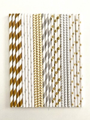 ### Pandecor Paper Straws Silver &amp; Gold -Χάρτινα Καλαμάκια Ριγέ και Πουά Ασημένια &amp; Χρυσά 24τεμ