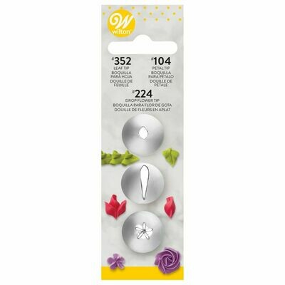 WILTON Nozzles Set of 3 -PETAL No.104 &amp; LEAF No.352 &amp; DROP FLOWER No.224 - Σετ 3 τεμ με μύτες κορνέ για Λουλούδια