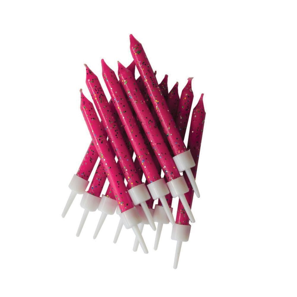 SALE!!! By AH -Candles -Set of 12 GLITTER FUCHSIA -Κεράκια με Γκλίτερ Φούξια 12 τεμ