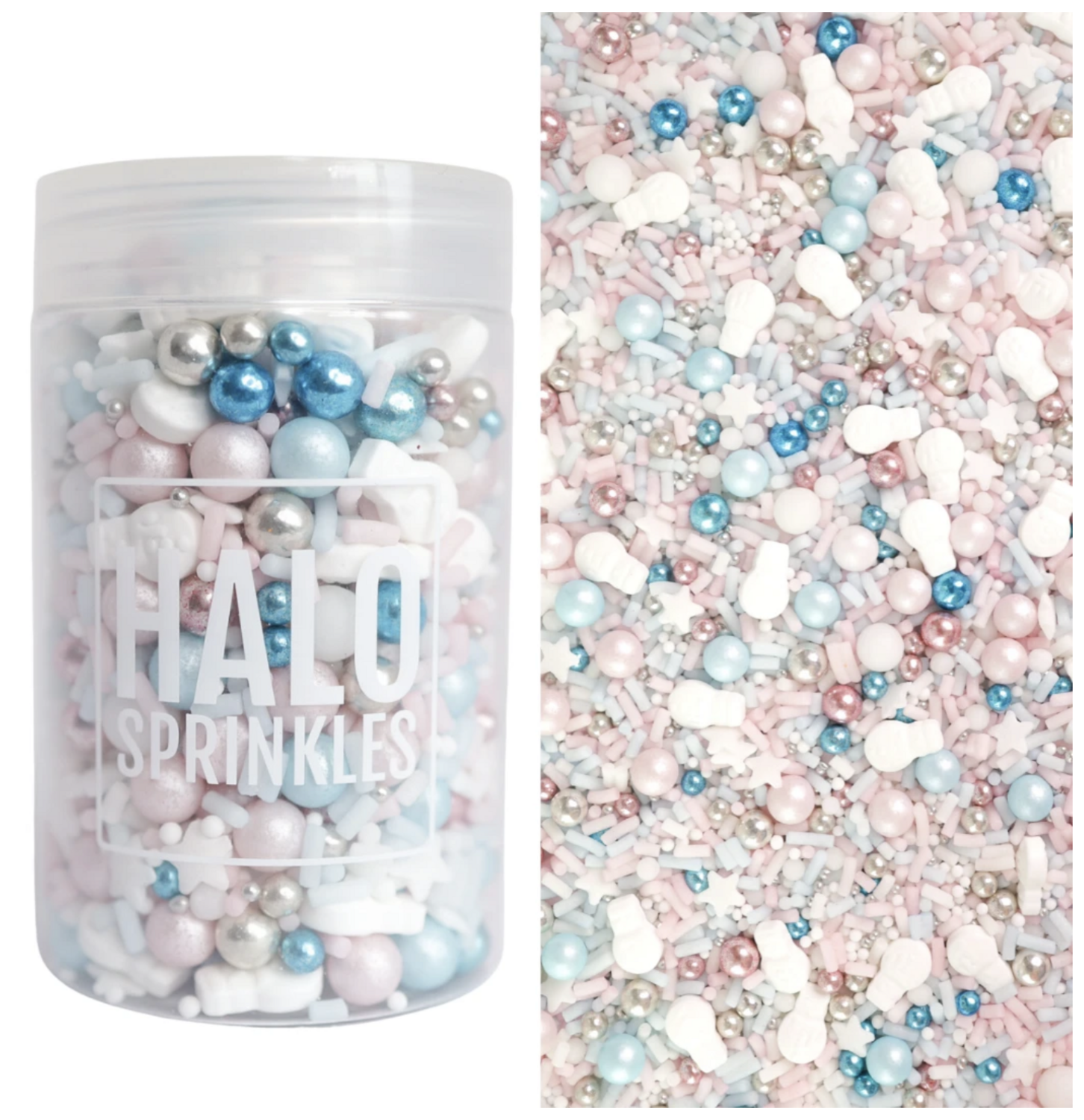 Halo Sprinkles MIX -WINTER WONDERLAND 125γρ  - Μείγμα Ζαχαρωτών Χριστουγεννιάτικο Λευκό με Μεταλλικές Ροζ και Γαλάζιες Αποχρώσεις με Λευκά Χιονανθρωπάκια